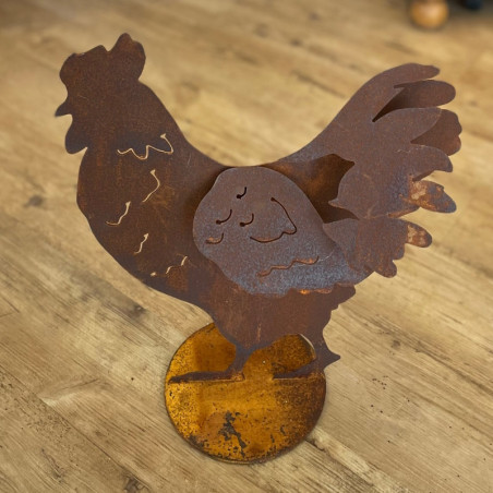 Edelrost Huhn "Poulet" auf Platte mit 3D-Effekt