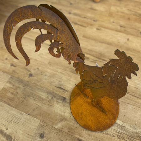 Edelrost Hahn "Poulet" auf Platte mit 3D-Effekt