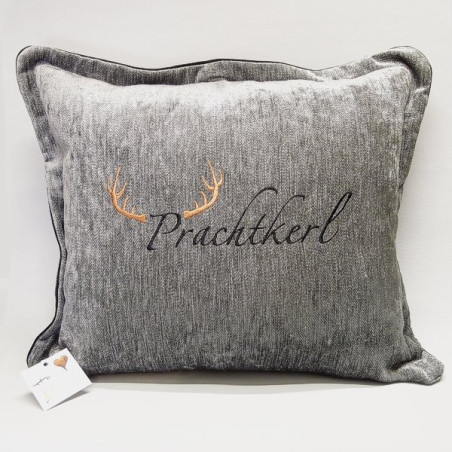 Zierkissen Chenillesamt bestickt "Prachtkerl" 45x45 | dunkelgrau