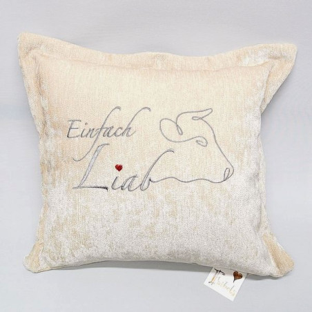 Zierkissen Chenillesamt bestickt "Einfach Liab" Kuh 45x45 | Creme-beige