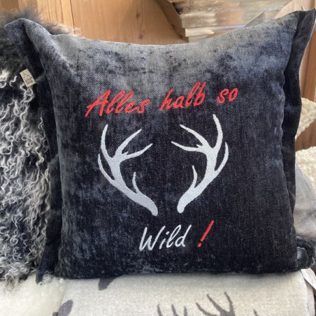 Zierkissen Chenillesamt bestickt "Alles halb so Wild" | anthrazit
