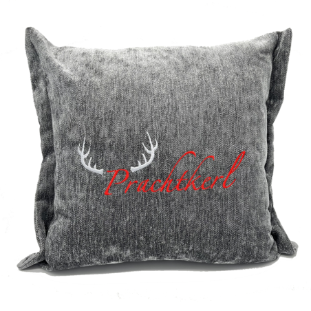 Zierkissen Chenillesamt bestickt "Prachtkerl" 45x45 | dunkelgrau