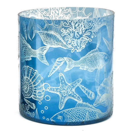 Windlicht Maritim mit Fische | Votivlicht blau-silber